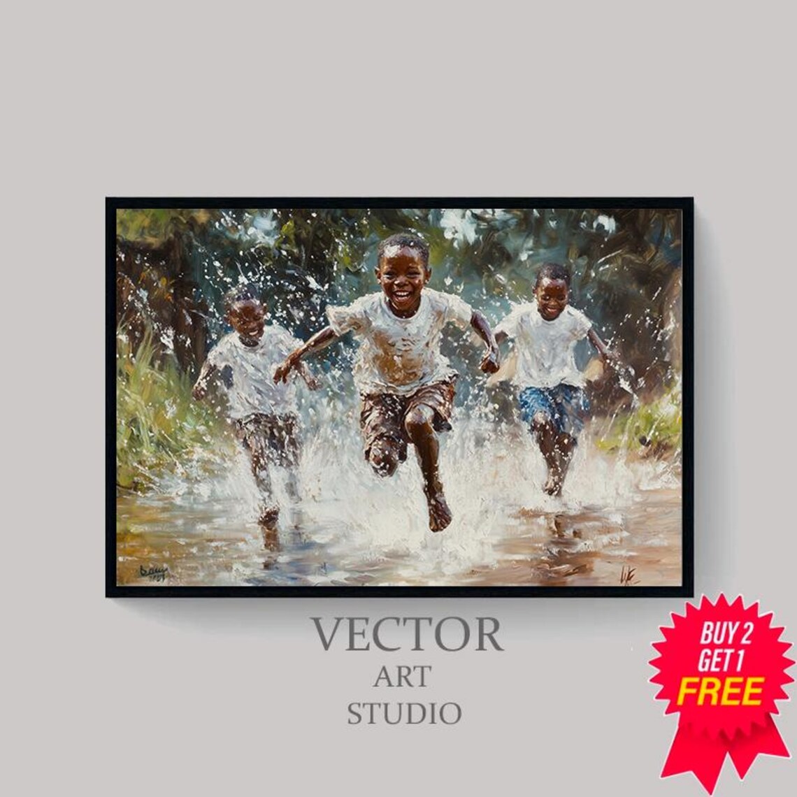 African Children Playing in Rain, Wall Art Print - Image 4