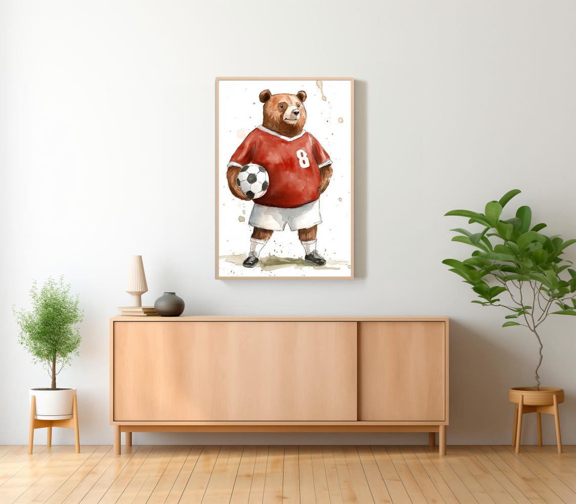 Watercolor Bear Soccer Player Wearing a Red Number 8 Jersey Poster - Image 2