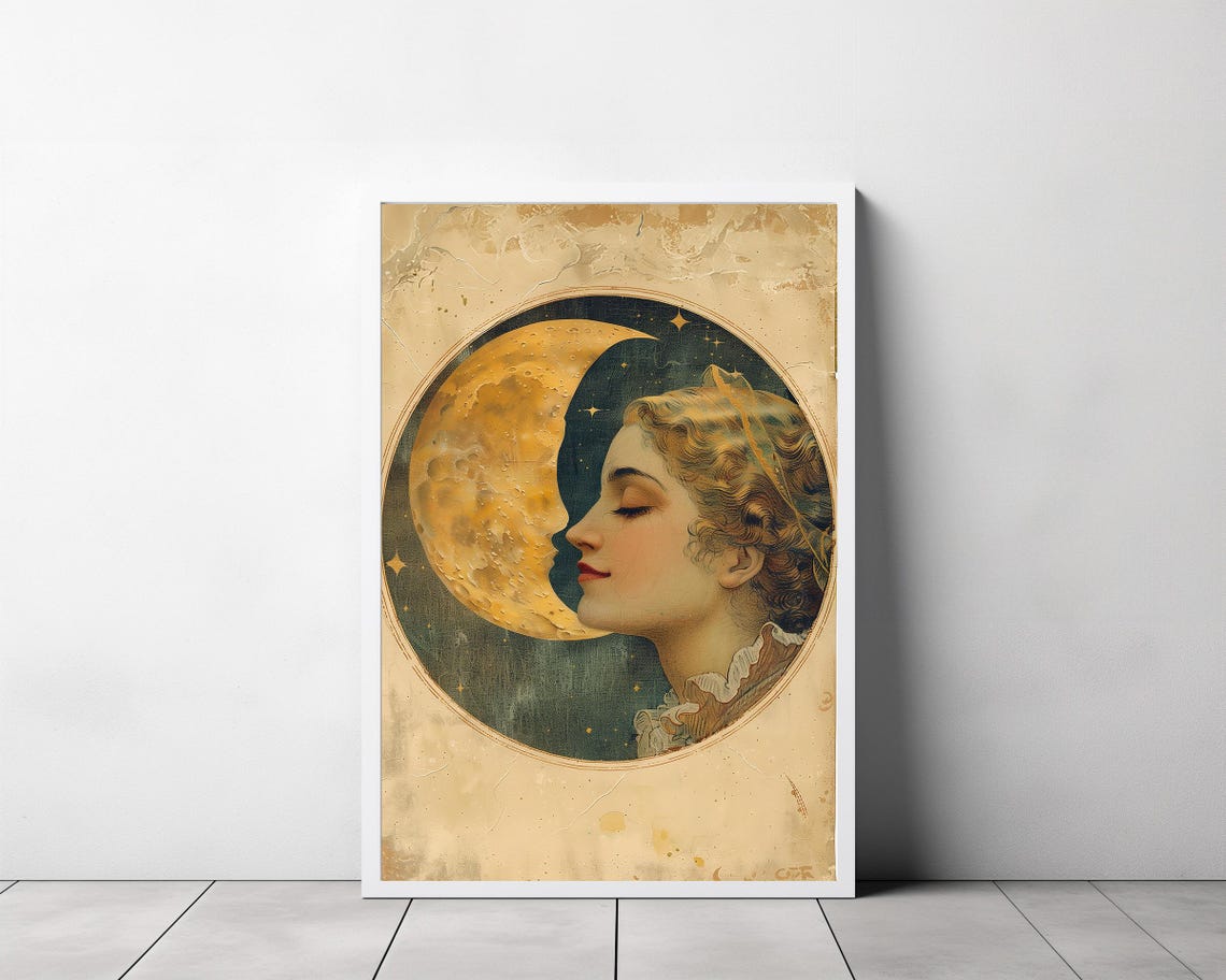Woman Kissing the Crescent Moon Golden Celestial Romance Art Poster - Image 3