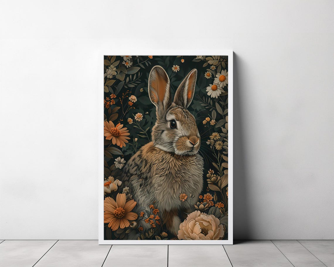 Brown Rabbit in Dark Floral Garden Vintage Botanical Animal Poster - Image 3