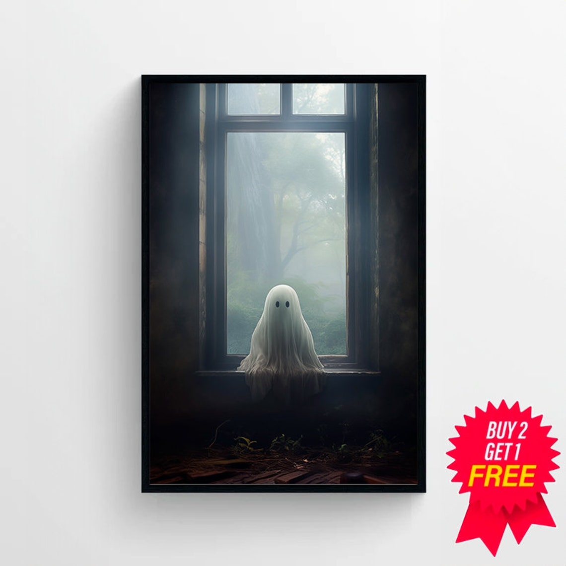 Lonely Ghost in a Tall Dark Window Facing a Misty Forest Poster - Image 4