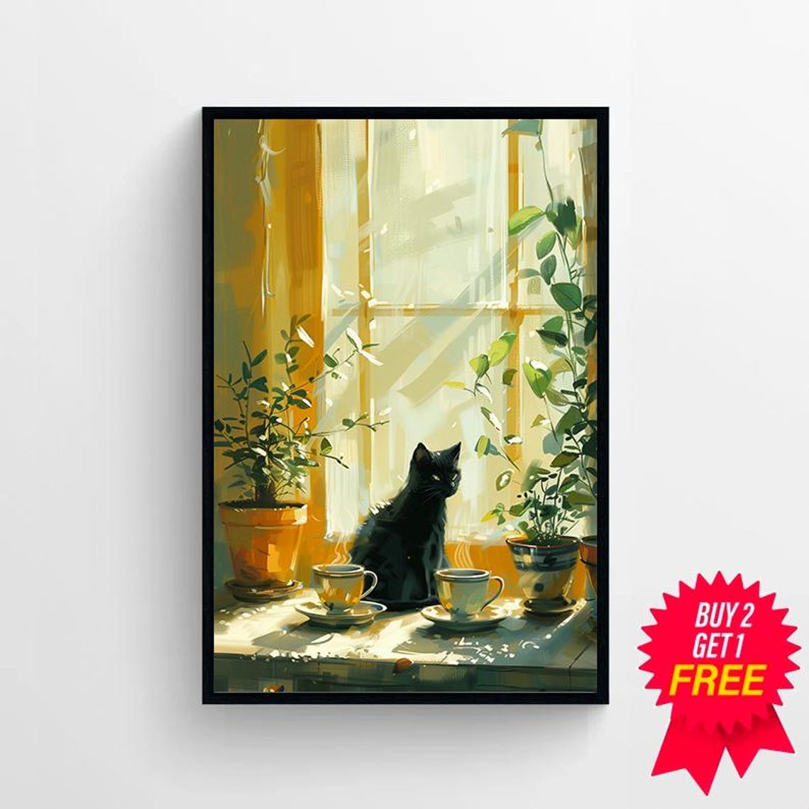 Black Cat with Two Teacups by Sunlit Window Still Life Poster - Image 4