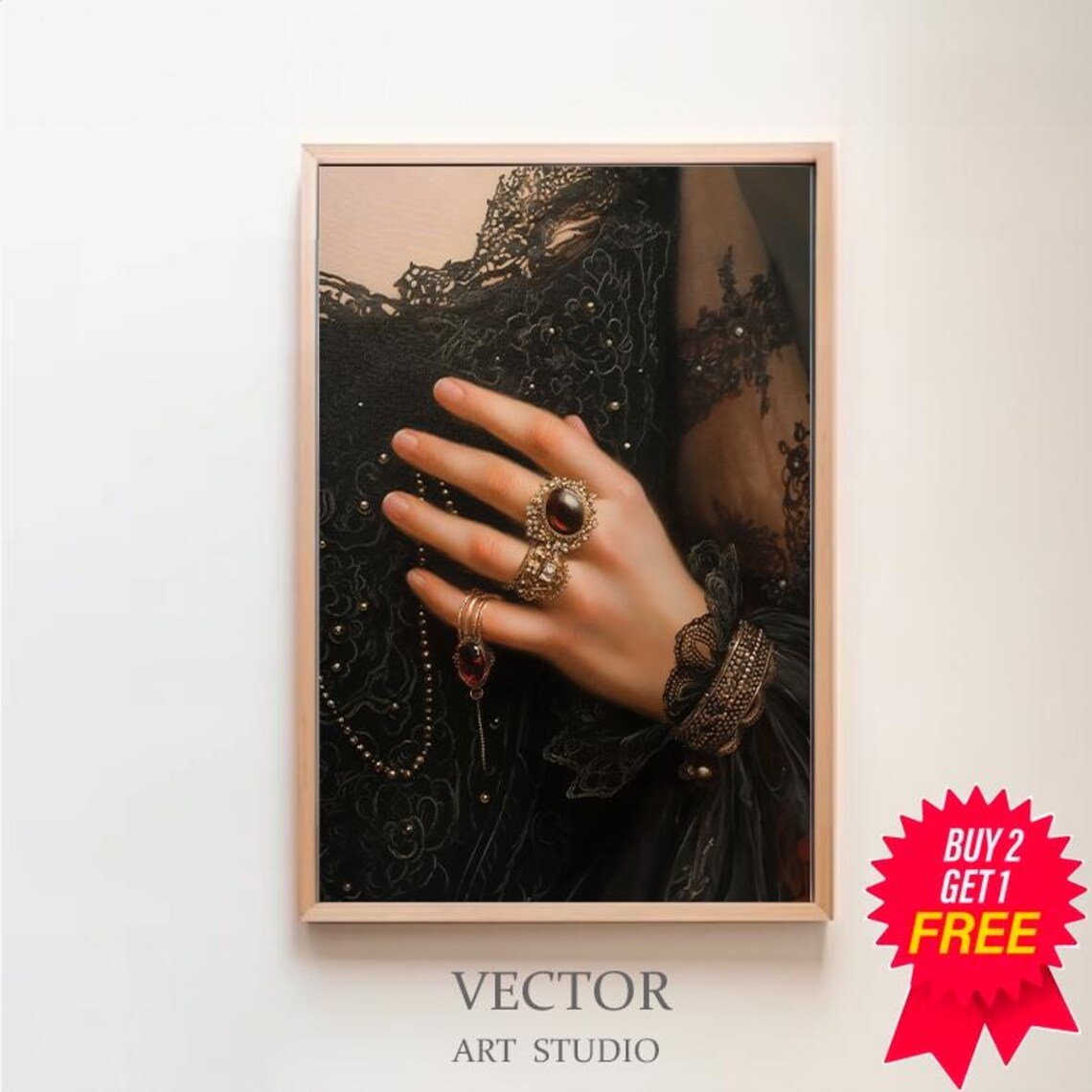 Victorian Woman in Black Lace Adorned with Antique Gold Rings Wall Art