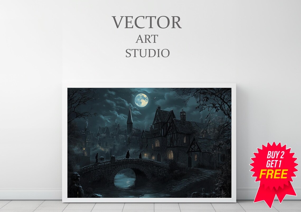 Moonlit Gothic Village Bridge Medieval Fantasy Painting Poster - Image 3