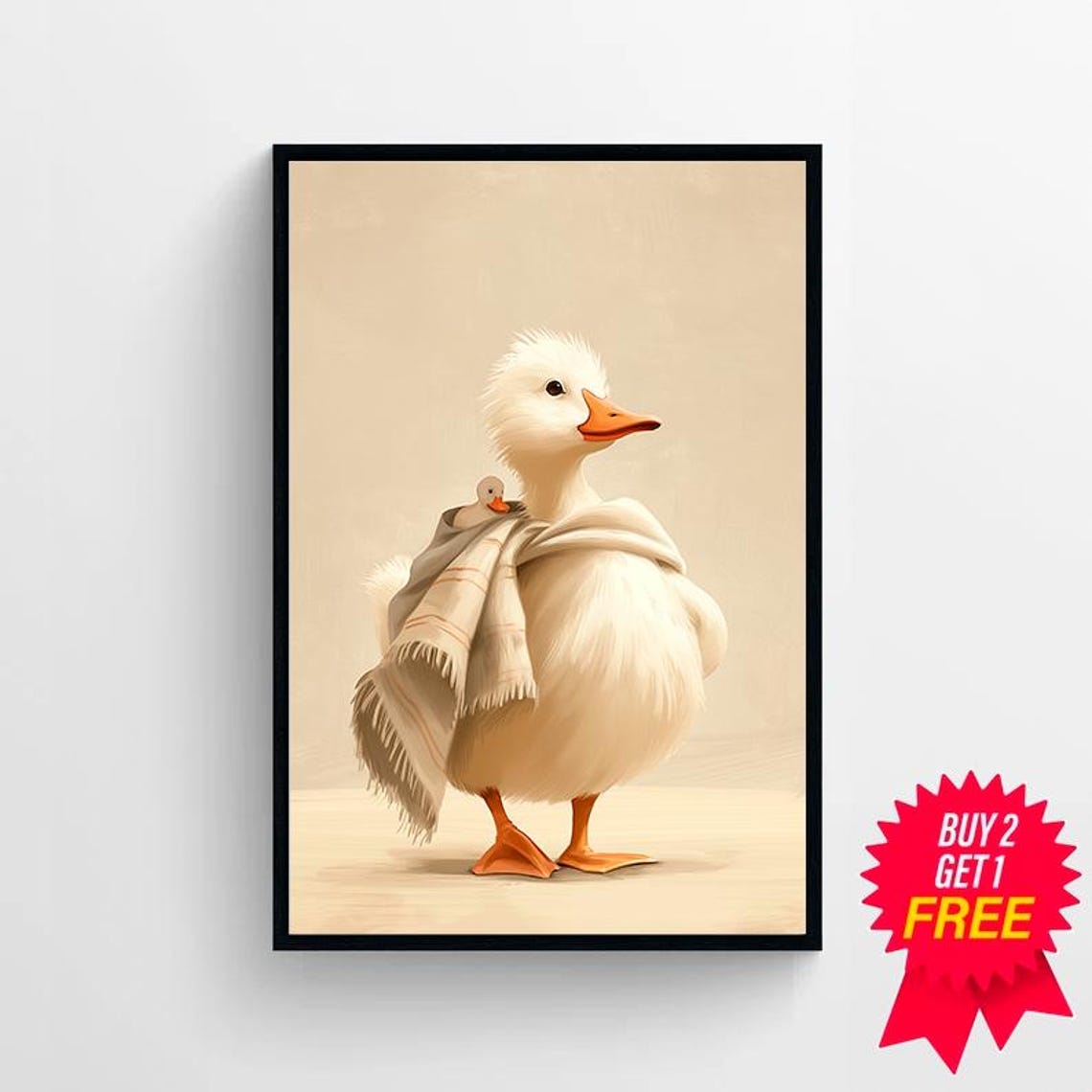 Mother Duck Cuddling Duckling in Beige Shawl Sweet Nursery Poster - Image 4