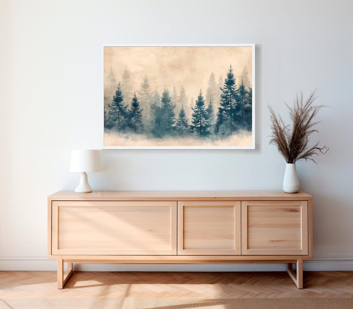 Misty Pine Forest in Sepia Tones Calm Vintage Nature Art Poster - Image 2
