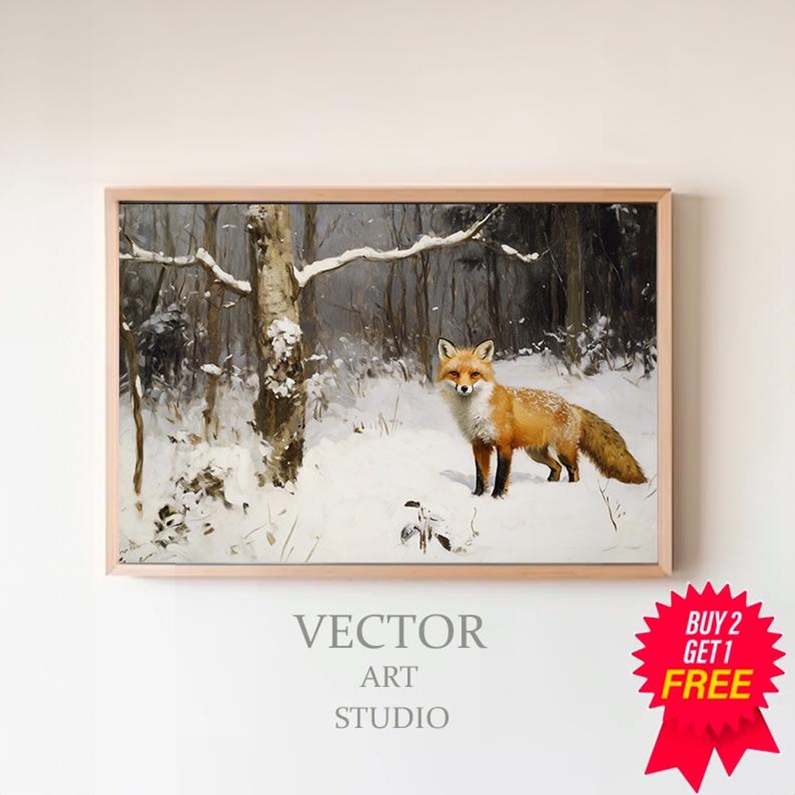Red Fox Standing In Snowy Birch Forest Vintage Winter Art Poster