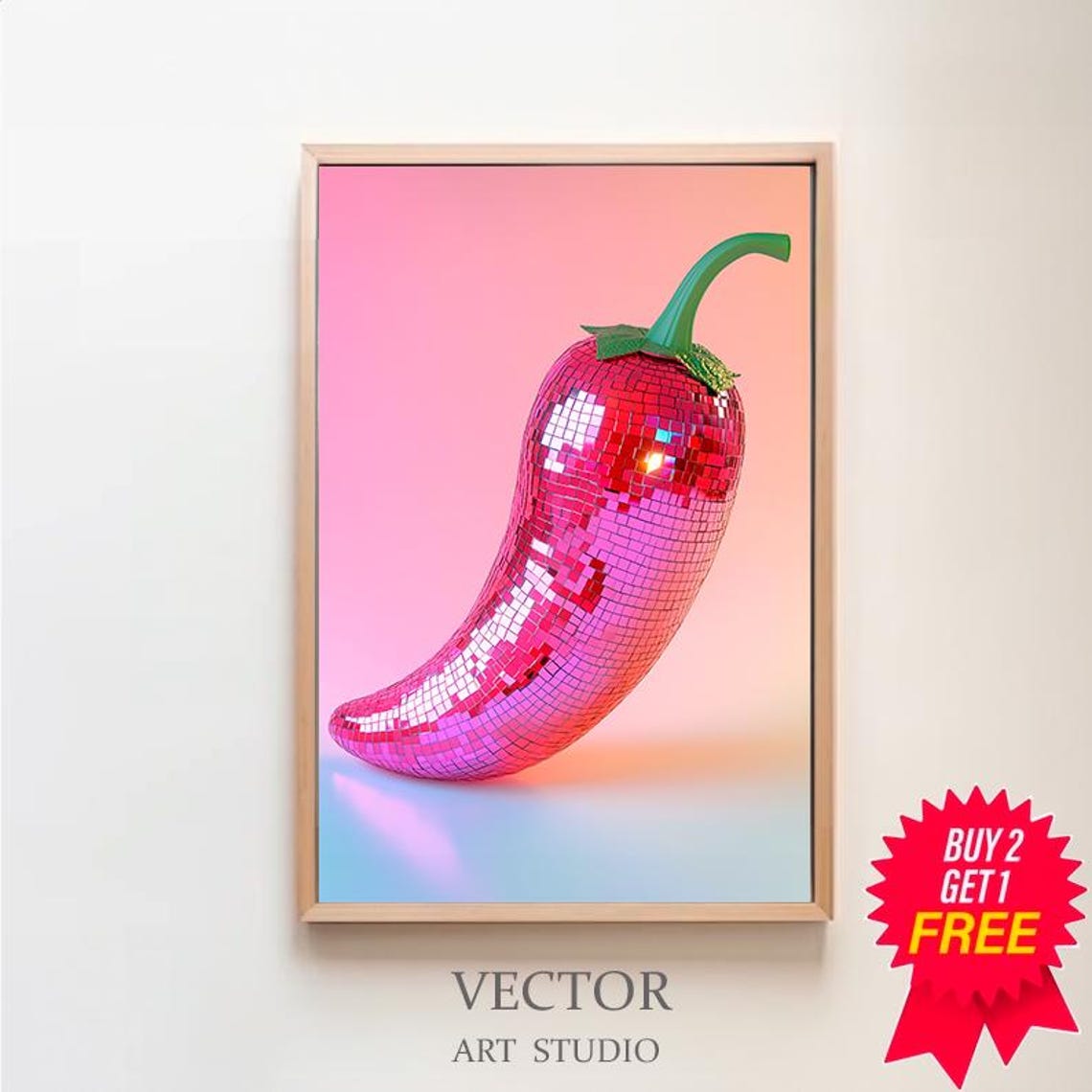 Red Chili Pepper Disco Ball Pink Kitchen Dopamine Art Poster