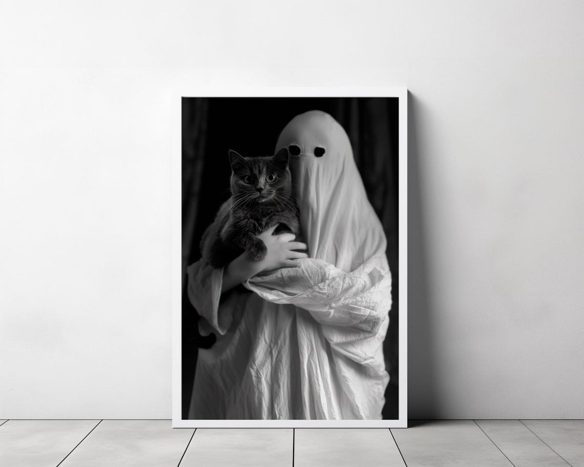 Cute Sheet Ghost Holding a Black Cat Black and White Halloween Poster - Image 3
