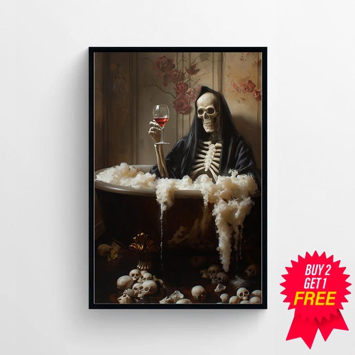 Grim Reaper In Bubble Bath Wine Surrounded By Skulls Gothic Poster - Image 4