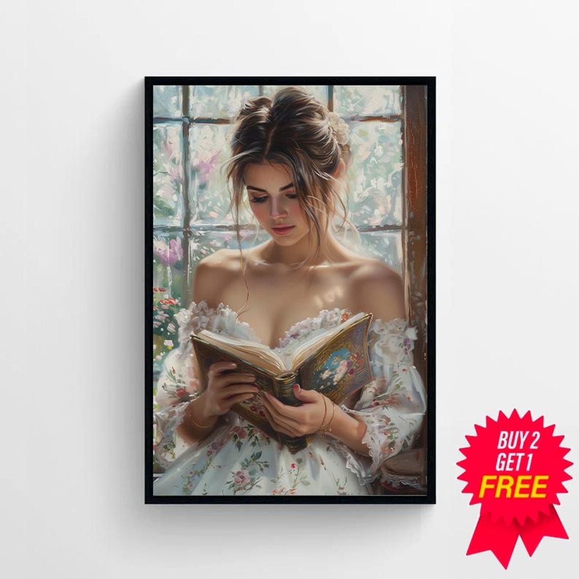 Woman Reading by a Flower-Filled Window in a White Dress Poster - Image 4