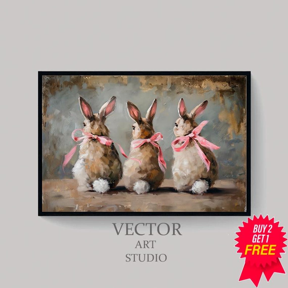Three Bunnies With Pink Bows Cute Easter Bunny Rabbit Art Poster - Image 4