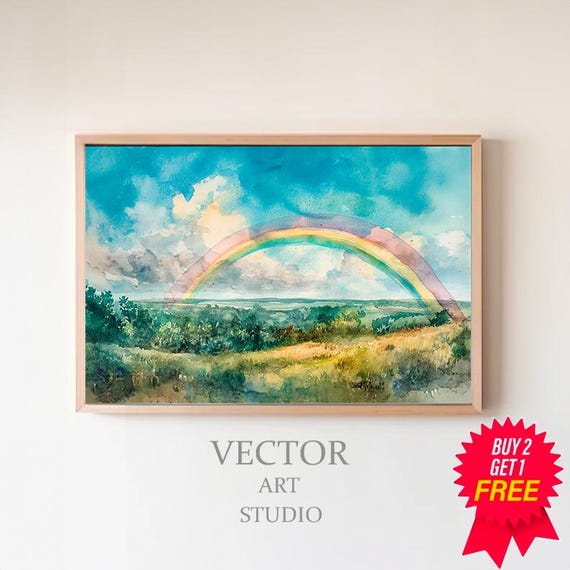 Frame Tv Art Rainbow In Vintage Landscape Rainbow In Green Countryside Watercolor Painting Frame Tv Art St Patricks Day Tv Art