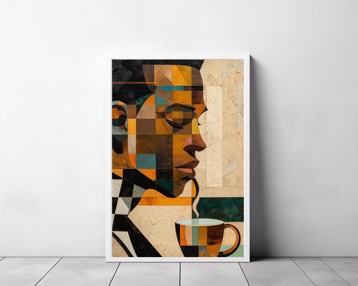 Geometric Cubist Portrait of a Man Holding a Coffee Cup Poster - Image 3