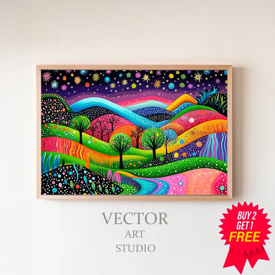 Colorful Night Hills Under a Starry Sky Abstract Fantasy Art Poster