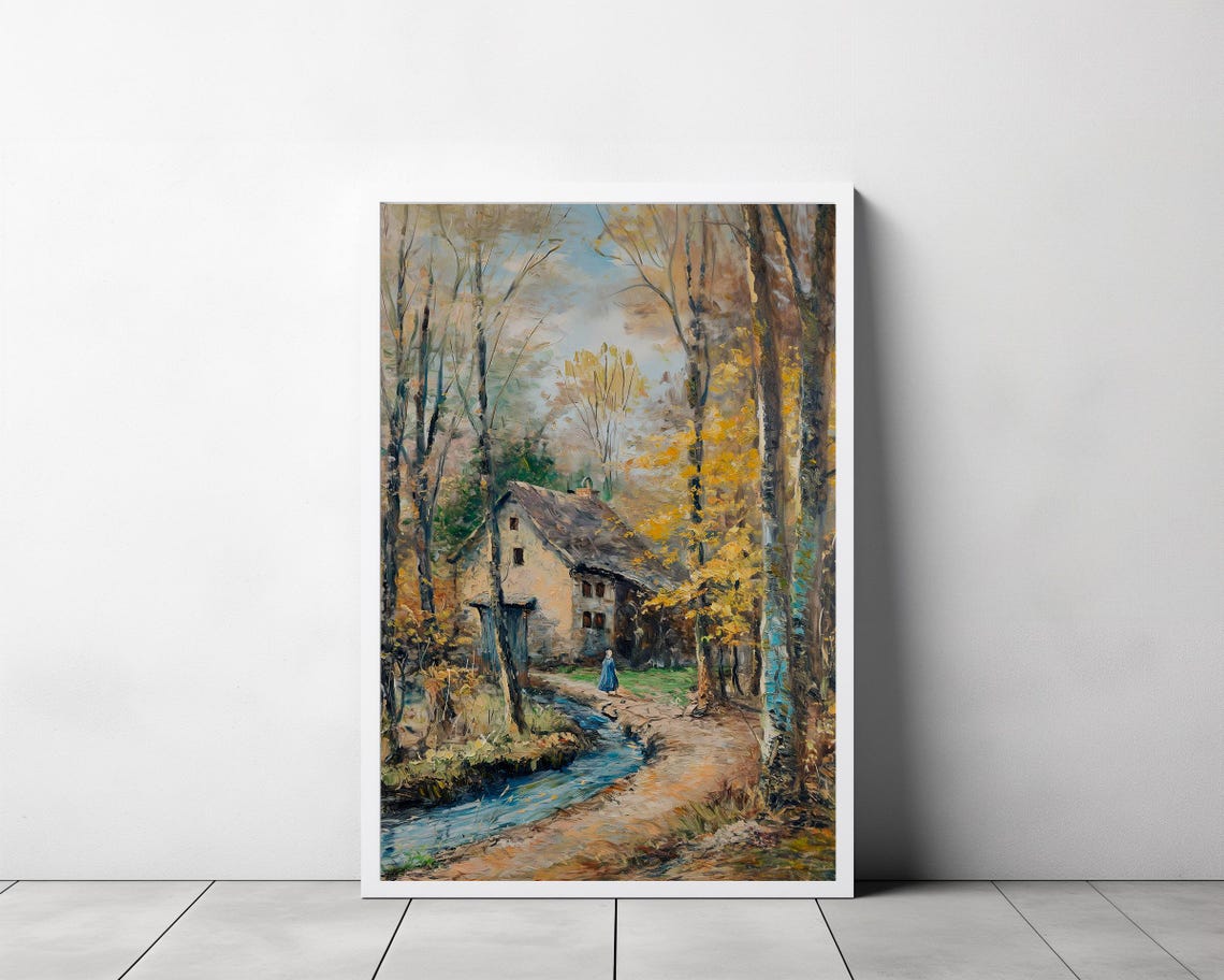 Autumn Cottage by a Forest Stream Impressionist Oil Painting Poster - Image 3