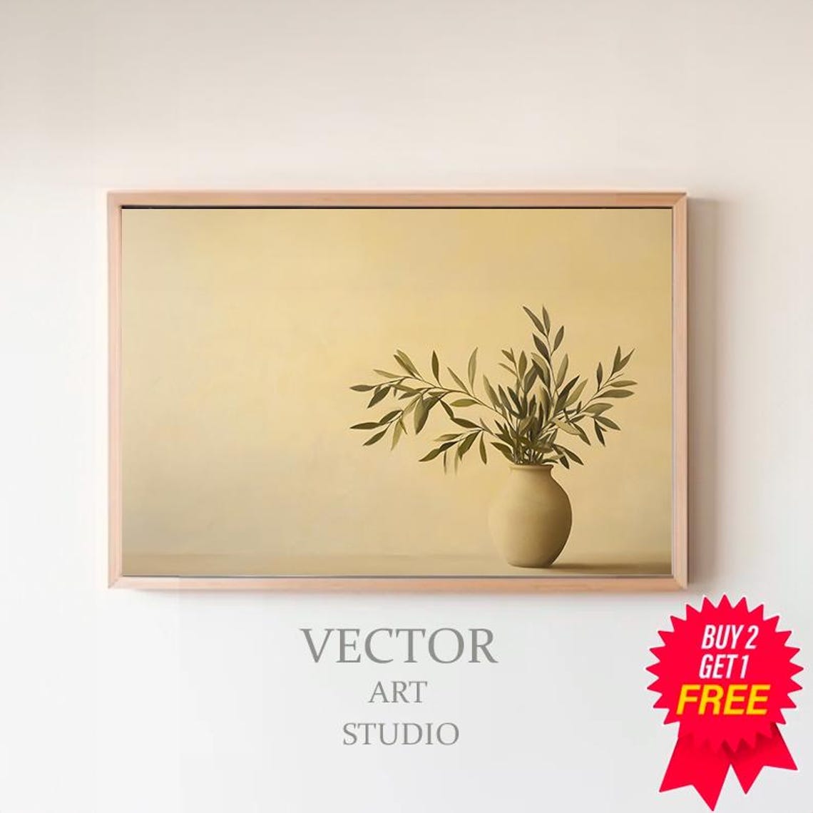 Small Beige Vase With Olive Sprigs In Minimal Neutral Style Poster