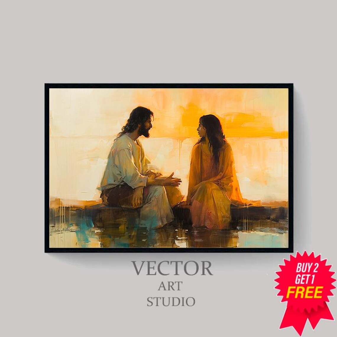 Jesus and Woman Talking by the Water at Sunset Christian Poster - Image 4