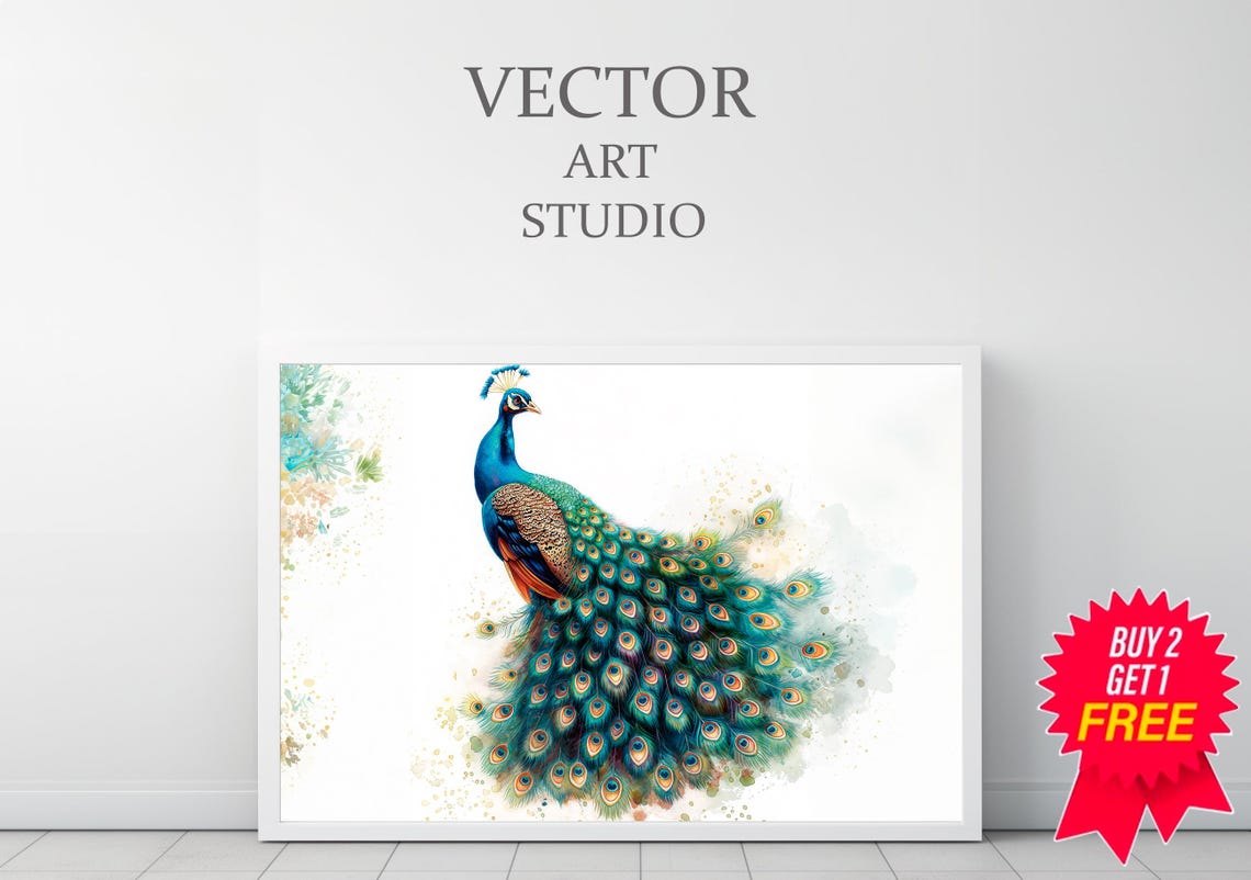 Elegant Watercolor Peacock Standing on a White Background Poster - Image 3