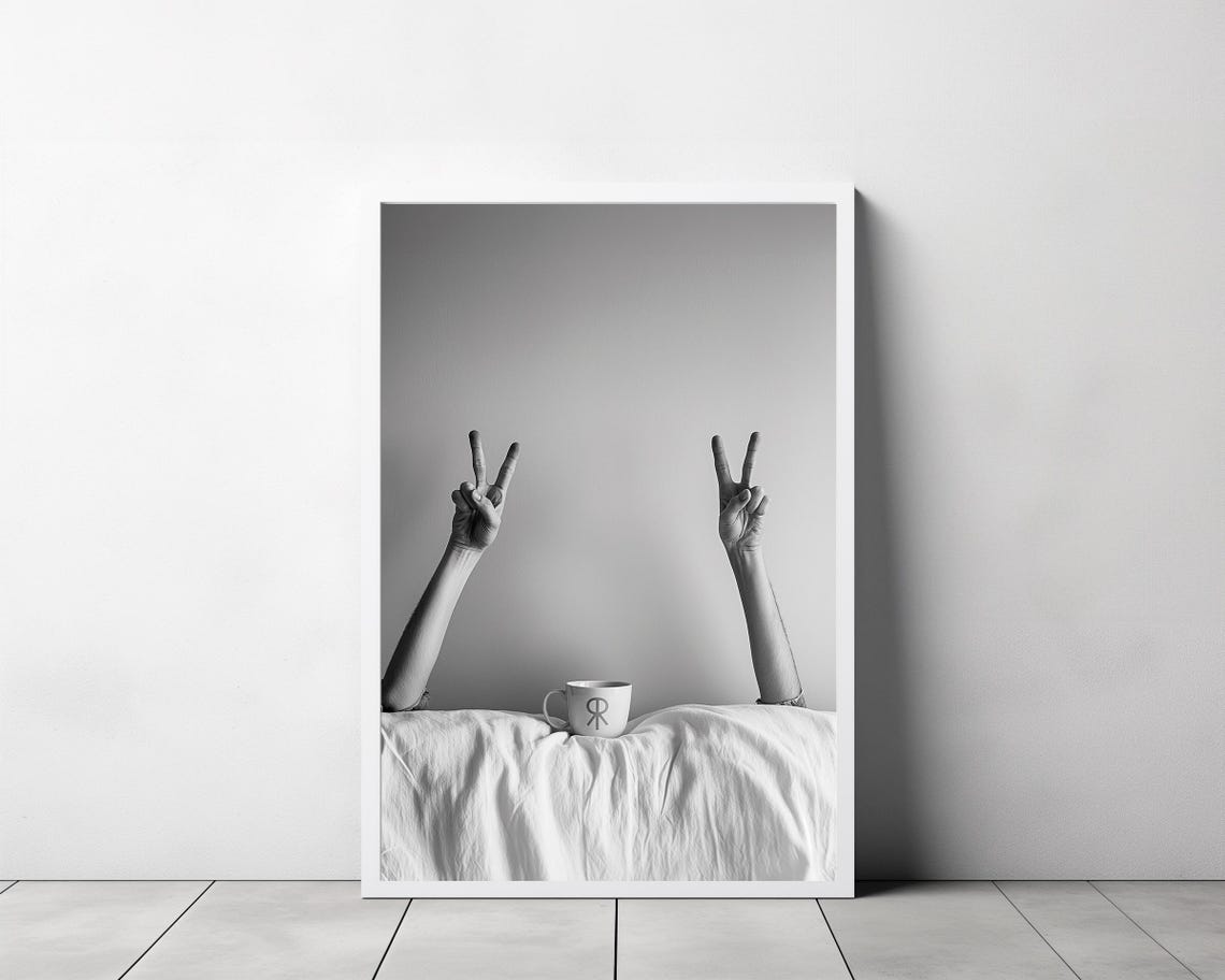Slow Morning Coffee in Bed Peace Sign Black White Photo Poster - Image 3