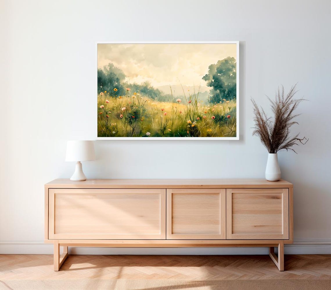 Golden Wildflower Meadow Watercolor With Distant Trees Poster - Image 2