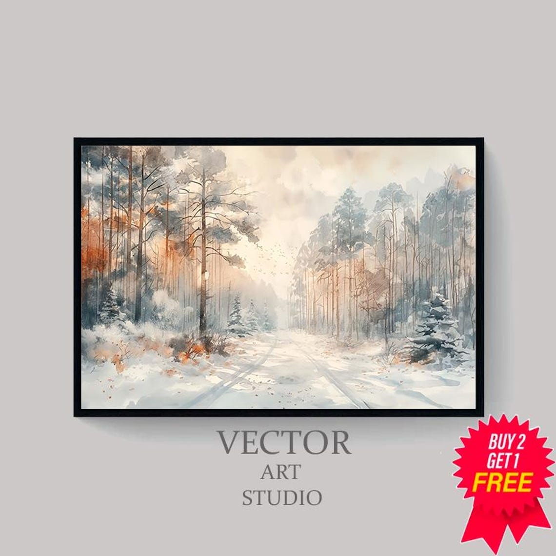 Snow Covered Forest Road with Tall Pines in a Winter Watercolor Poster - Image 4