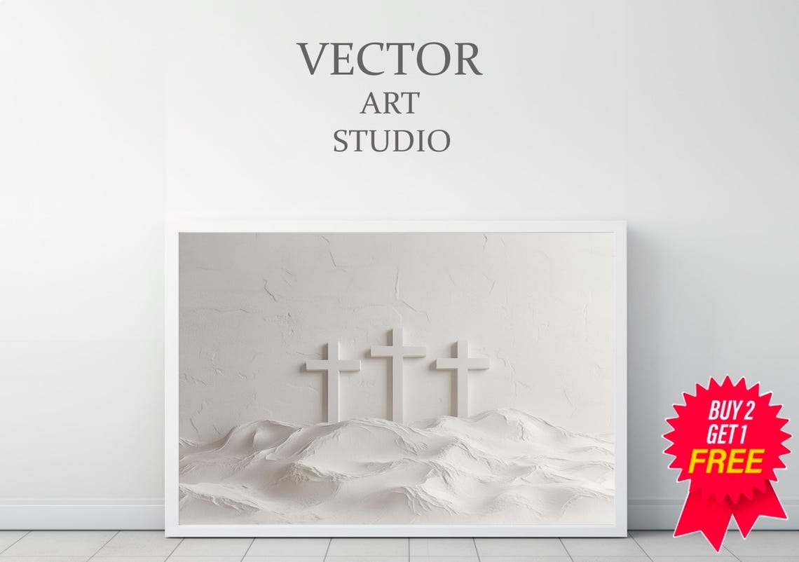 All White Three Crosses On A Textured Hill Minimalist Poster - Image 3