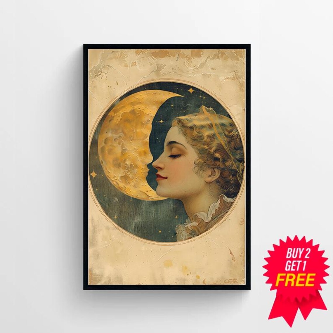 Woman Kissing the Crescent Moon Golden Celestial Romance Art Poster - Image 4