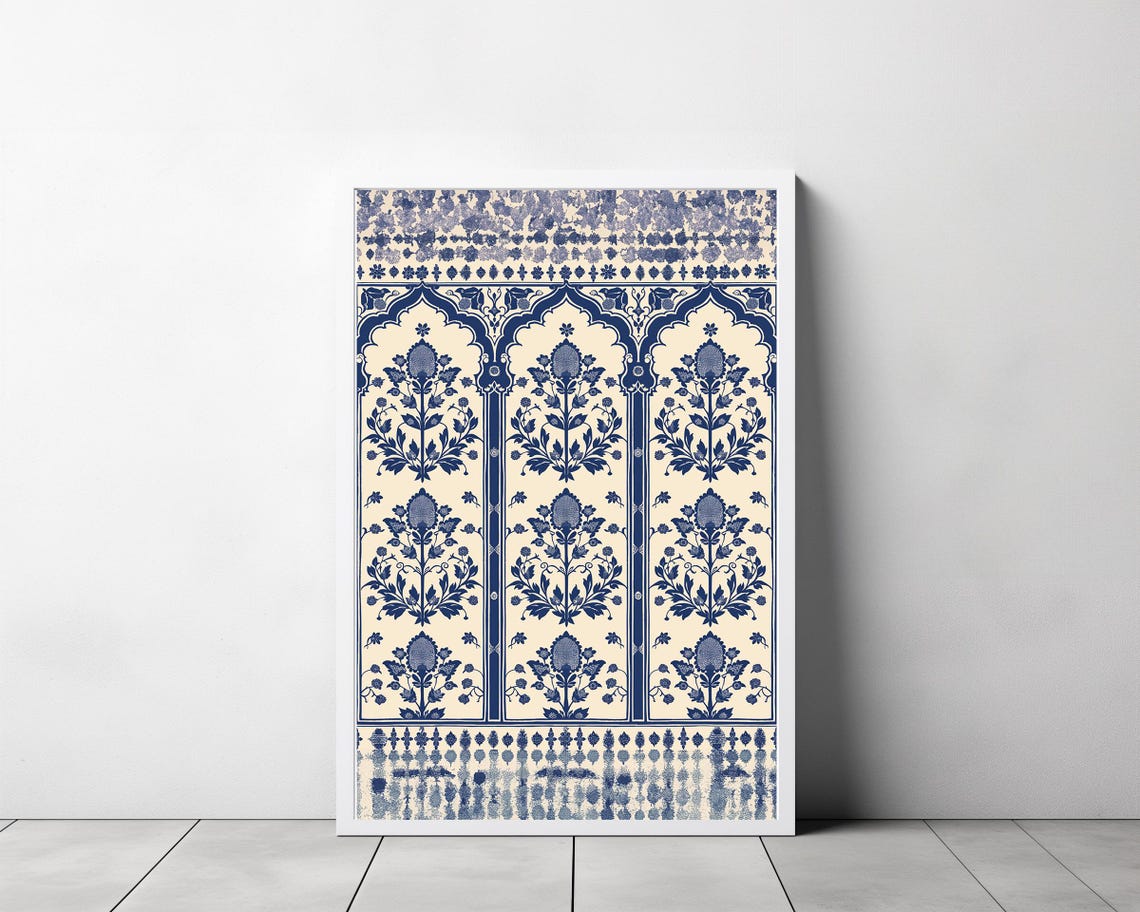 Blue White Floral Arch Tapestry Pattern Decorative Art Poster - Image 3