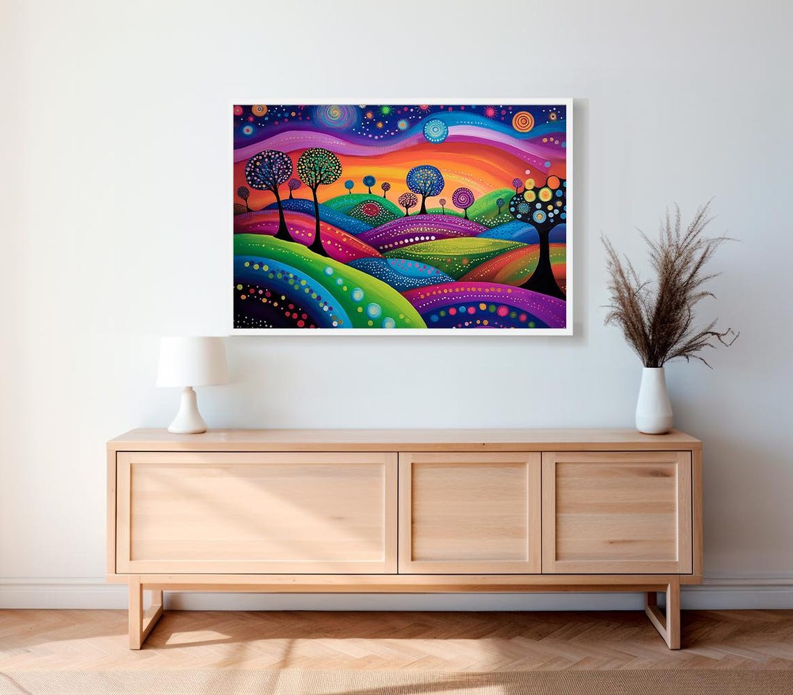 Whimsical Dotted Trees Rainbow Rolling Hills Landscape Poster - Image 2