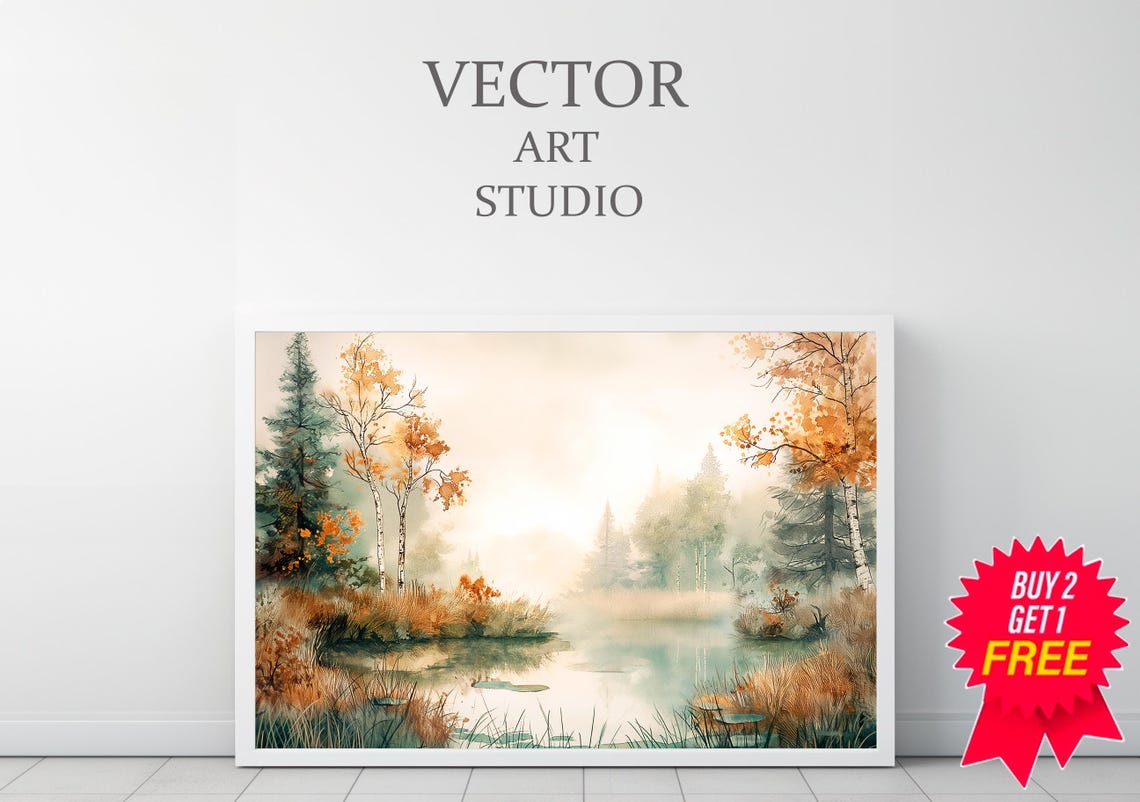 Lodge Wall Art Landscape Cabin Decor Rustic Vintage Autumn Moody Countryside Painting Farmhouse Decor Rustic Landscape Fall Wall - Image 3