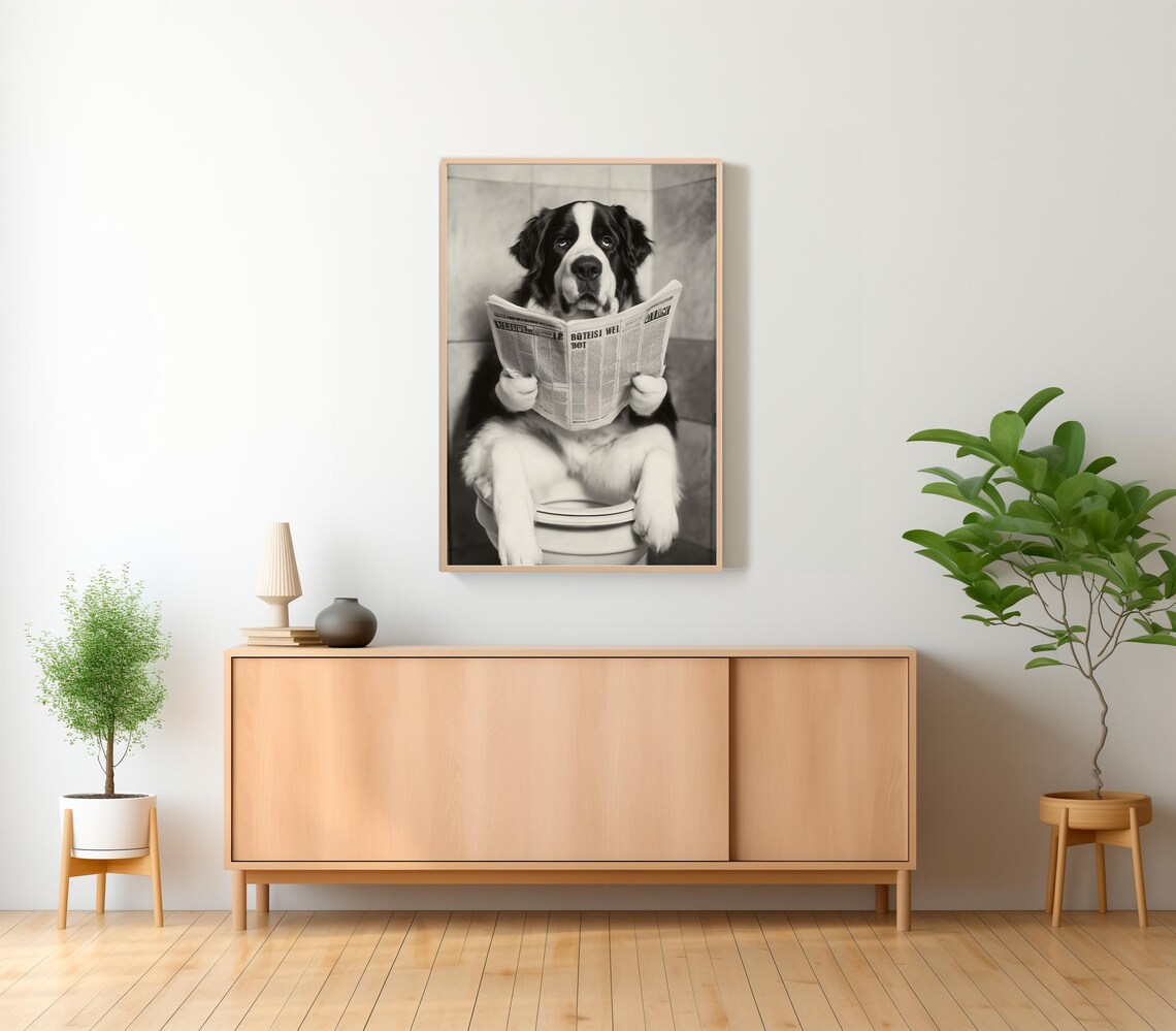 Saint Bernard On Toilet Reading Newspaper Funny Photo Poster - Image 2