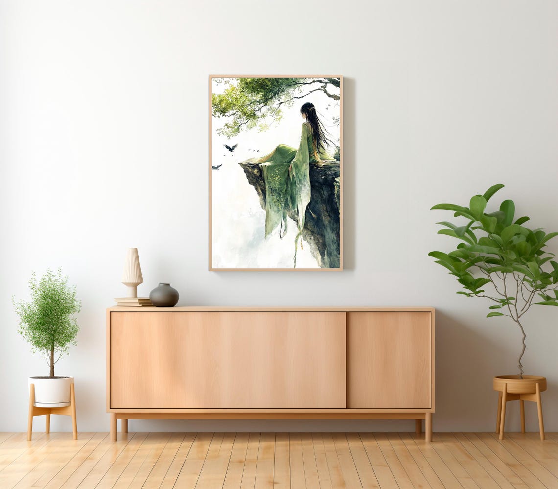 Artemis Goddess in Green Robe Seated on Misty Cliff Edge Art Poster - Image 2