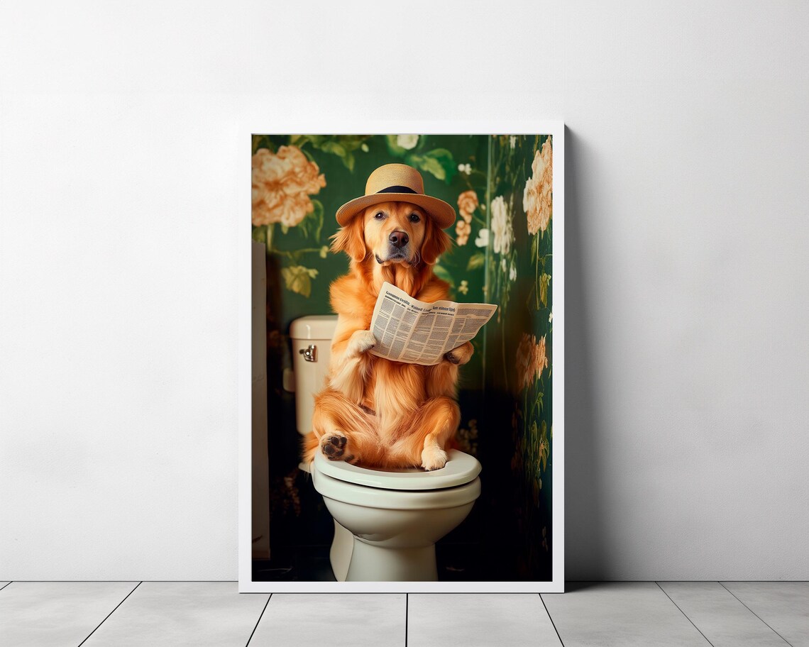 Golden Retriever in Toilet, Funny Bathroom Art Print - Image 3