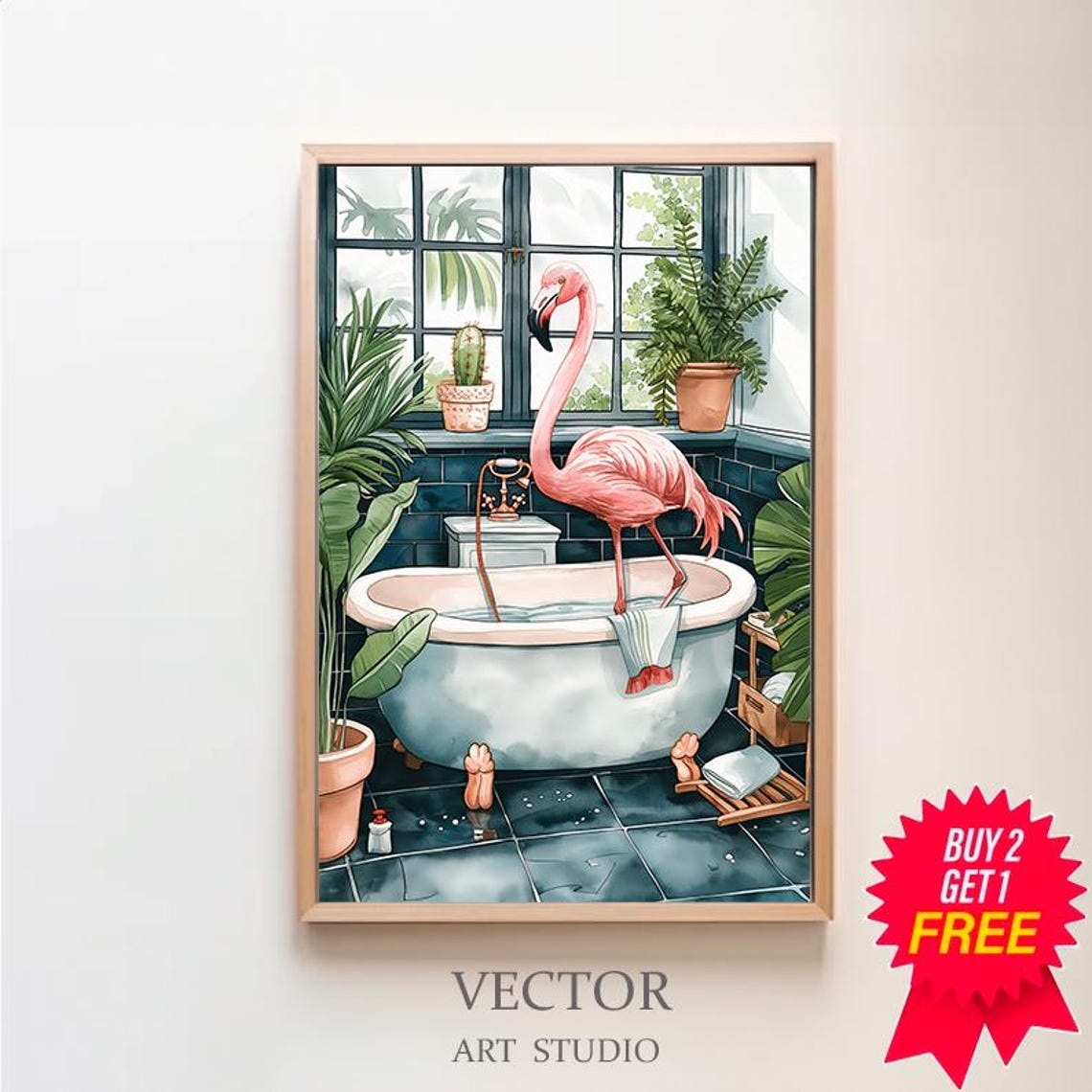 Pink Flamingo Standing in Bathtub Tropical Bathroom Watercolor Poster