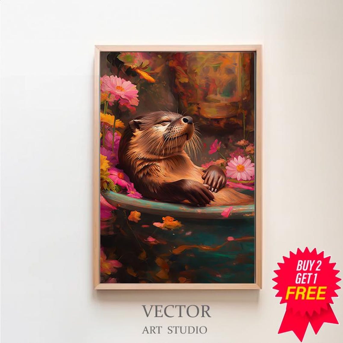 Dreamy Otter Resting in a Teal Tub Surrounded by Pink Flowers Poster