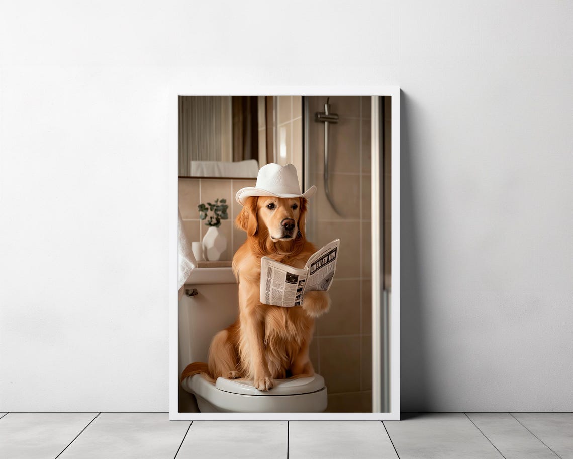 Golden Retriever In White Cowboy Hat Reading Newspaper Poster - Image 3