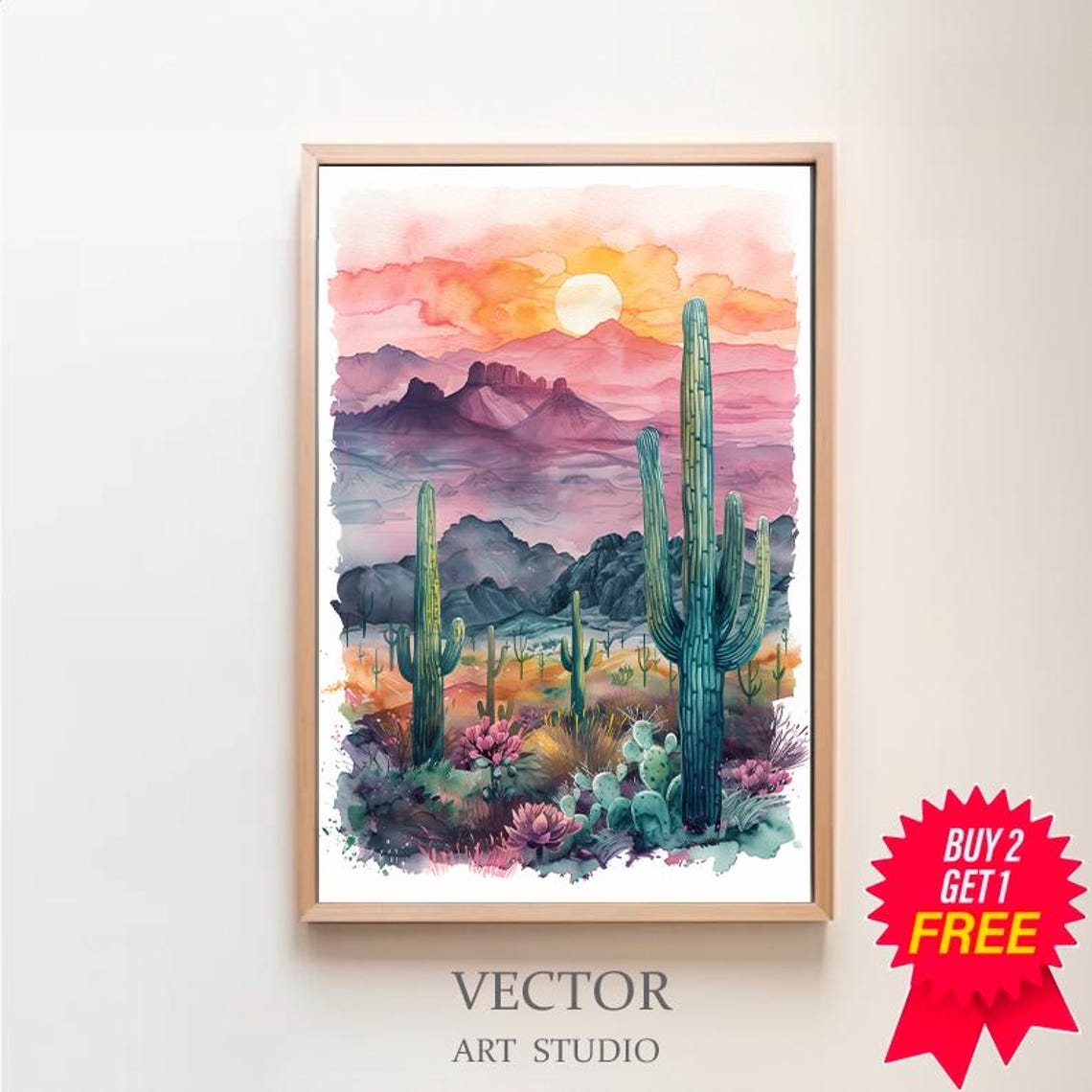 Sonoran Desert Sunset Saguaro Cactus Pink Sky Watercolor Art Poster
