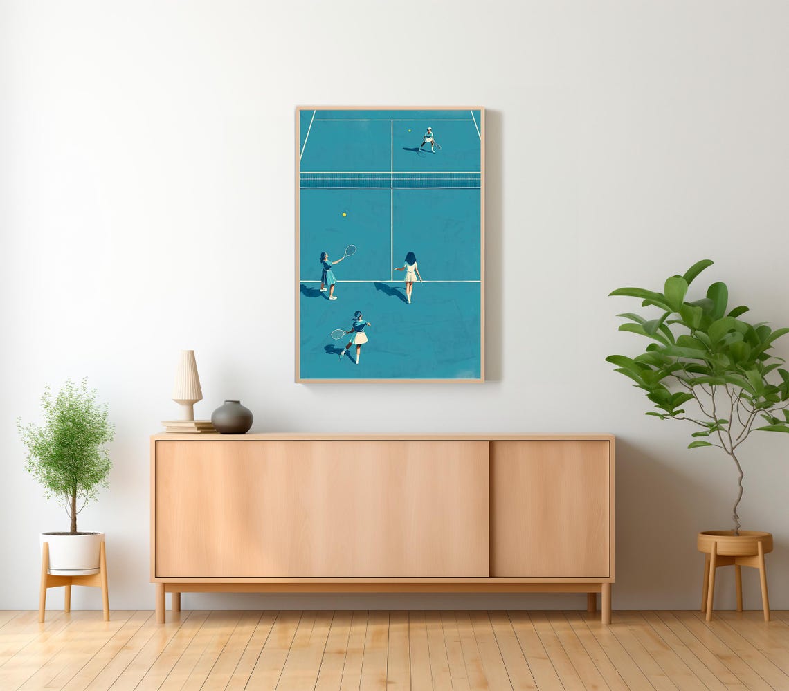 Minimalist Tennis Match On A Teal Blue Court Illustration Poster - Image 2