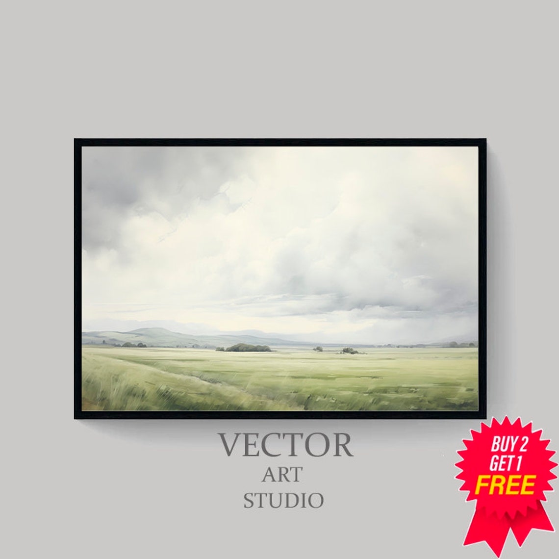 Vast Green Prairie Under Cloudy Sky Serene Nature Landscape Poster - Image 4