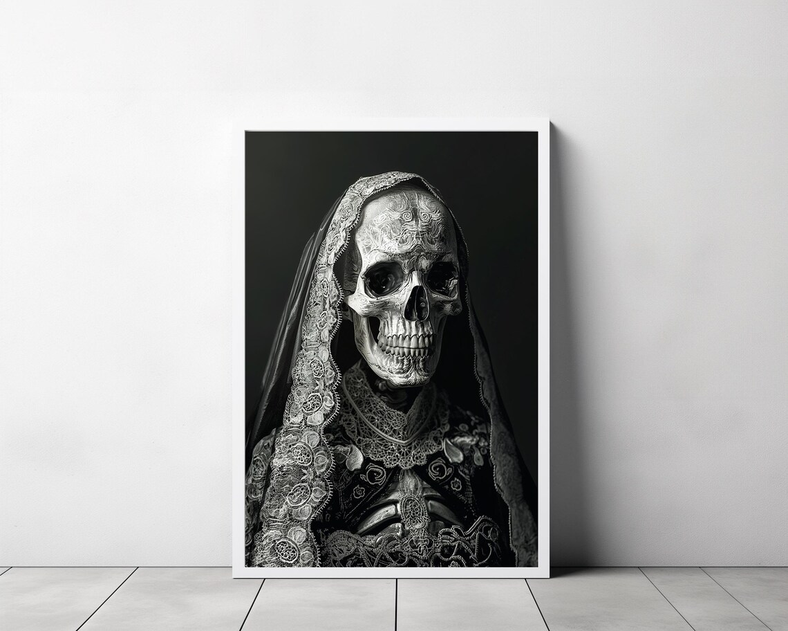 Elegant Lady Skeleton in Black Lace Veil Dark Academia Gothic Poster - Image 3