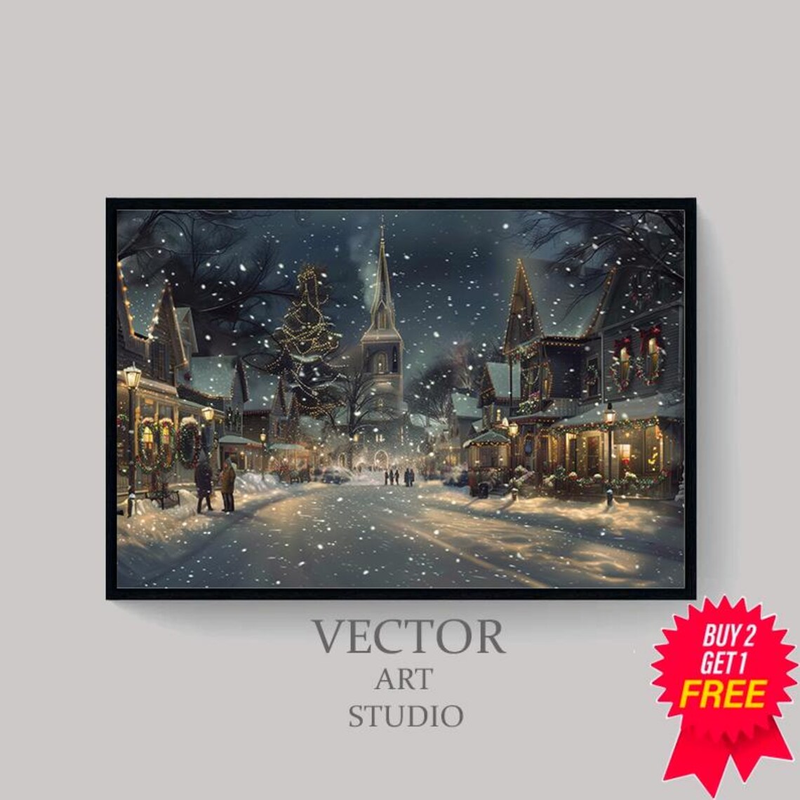 Christmas Village Night Street Snow Church Steeple Lights Poster - Image 4