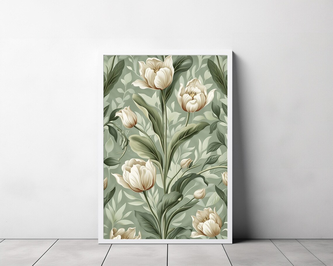 Cream Tulips on Sage Green Art Nouveau Style Botanical Poster - Image 3