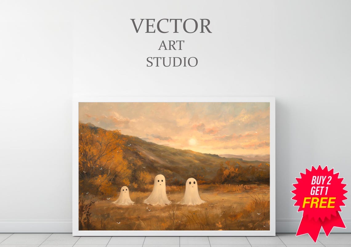 Cute Ghost Family in a Golden Autumn Field at Sunset Halloween Poster - Image 3