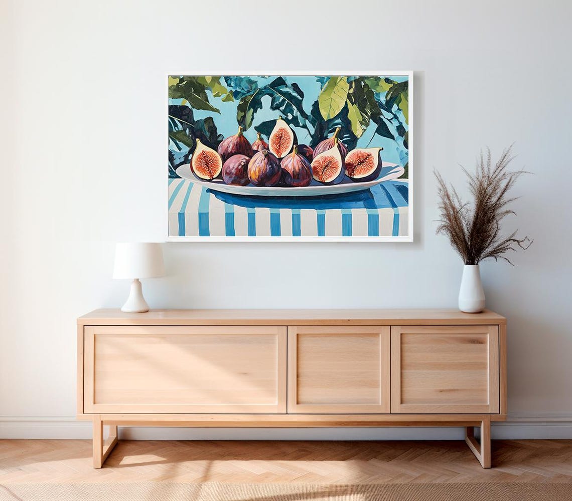Fig Still Life on Striped Cloth Mediterranean Summer Art Print - Image 2