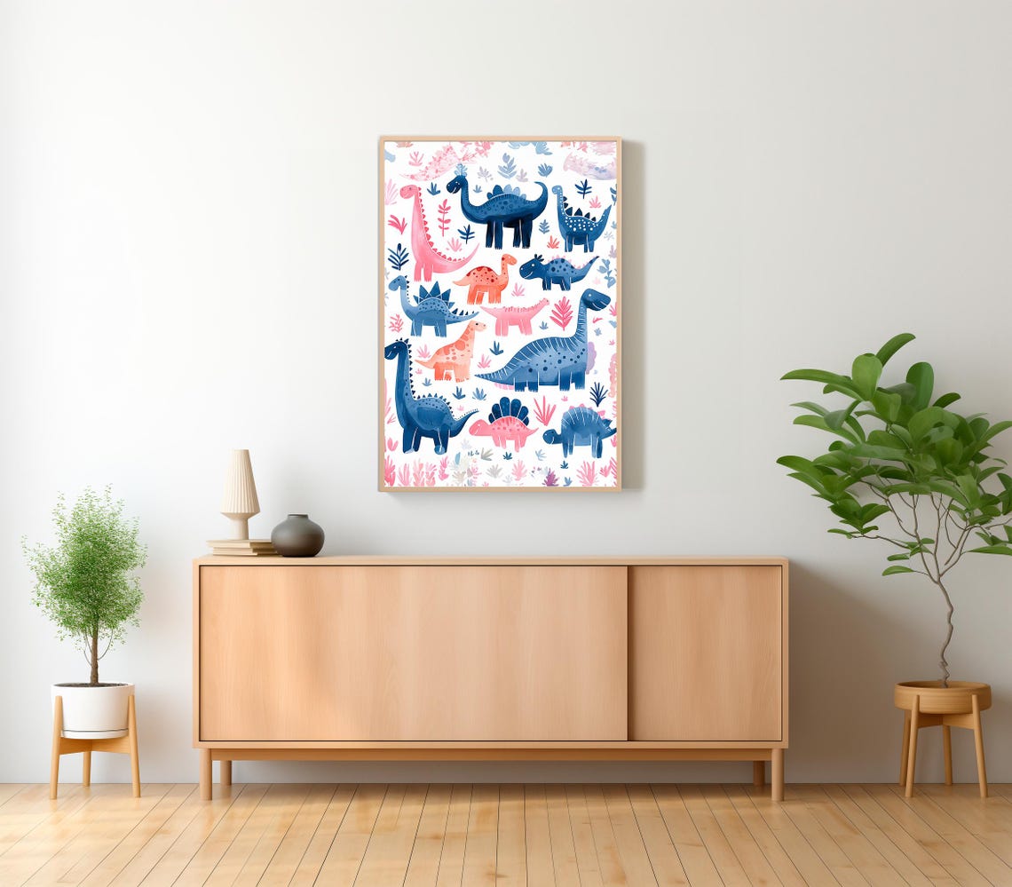 Pink and Blue Dinosaurs Prehistoric Pattern Kids Nursery Poster - Image 2
