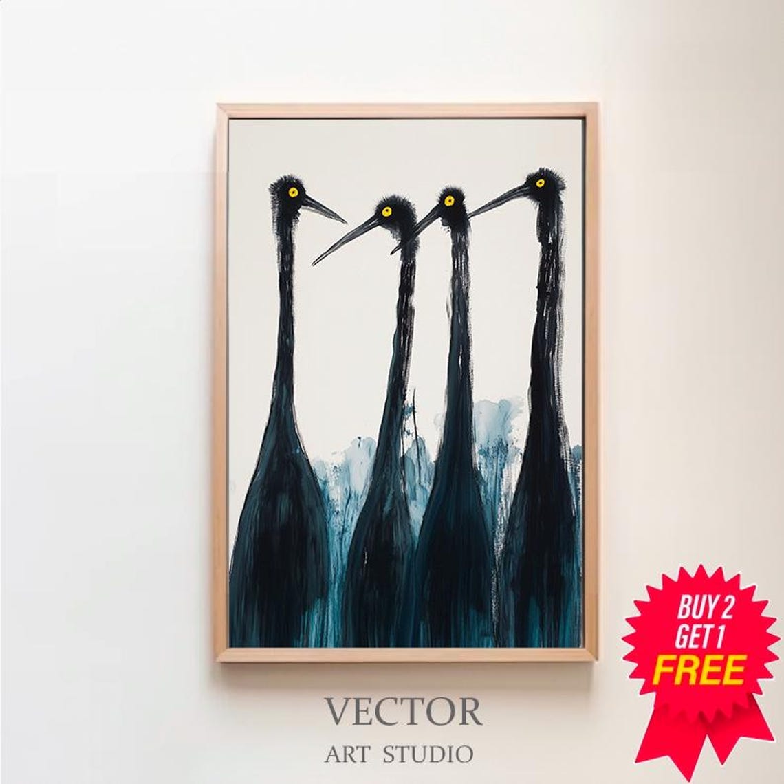 Four Black Cranes Minimalist Japanese Style Watercolor Art Poster