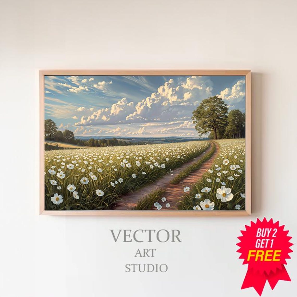 White Wildflower Meadow With Winding Country Path Vintage Poster