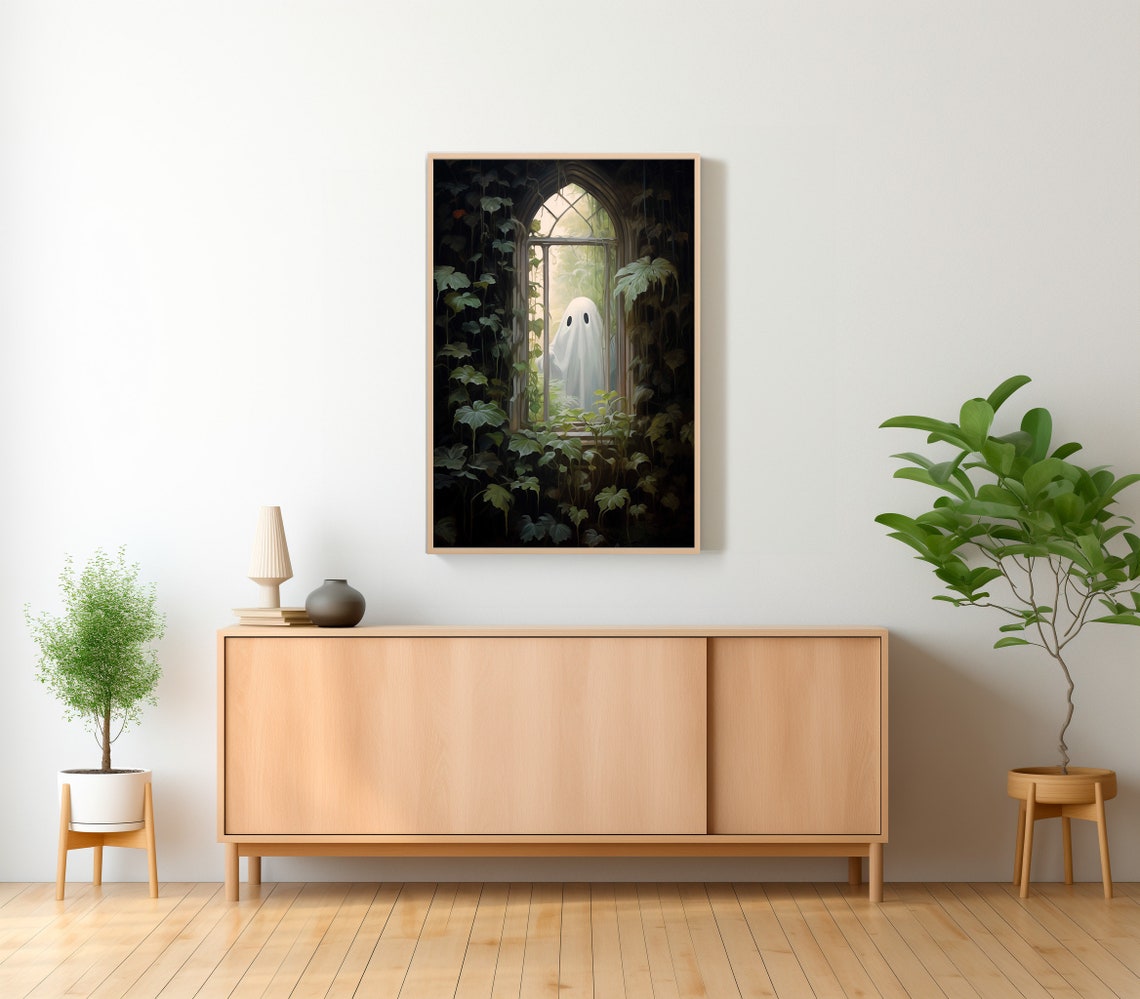 Ghost Behind a Tall Arched Glass Door in Wild Foliage Poster - Image 2