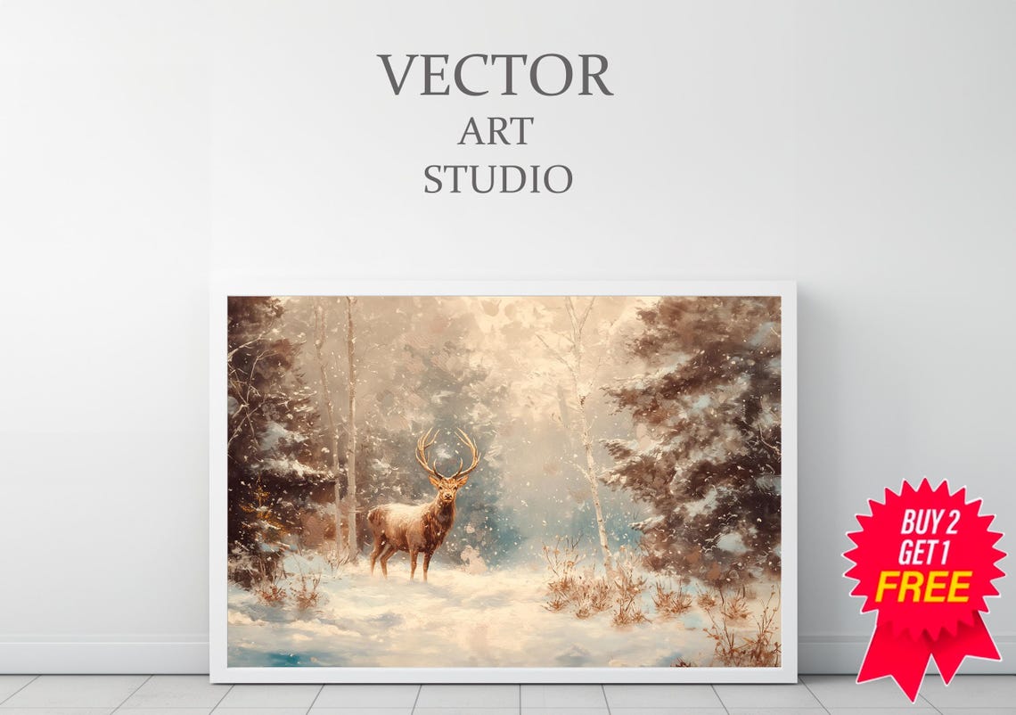 Front Facing Stag In Snowy Pine Forest Winter Day Scene Poster - Image 3